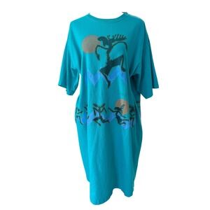 Suttons Sportswear Kokopelli T Shirt Dress One Size Teal Vintage 90s USA Made